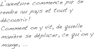 L’aventure commence par se rendre au pays et tout y découvrir!
Comment on y vit, de quelle manière se déplacer, ce qu’on y mange, ...